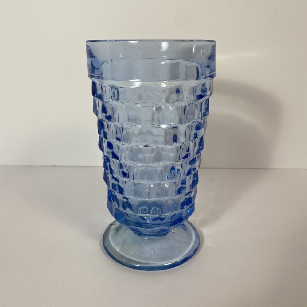Vintage Indiana Glass 6" Whitehall Cubist Blue 12 Oz Footed Tumbler Retro